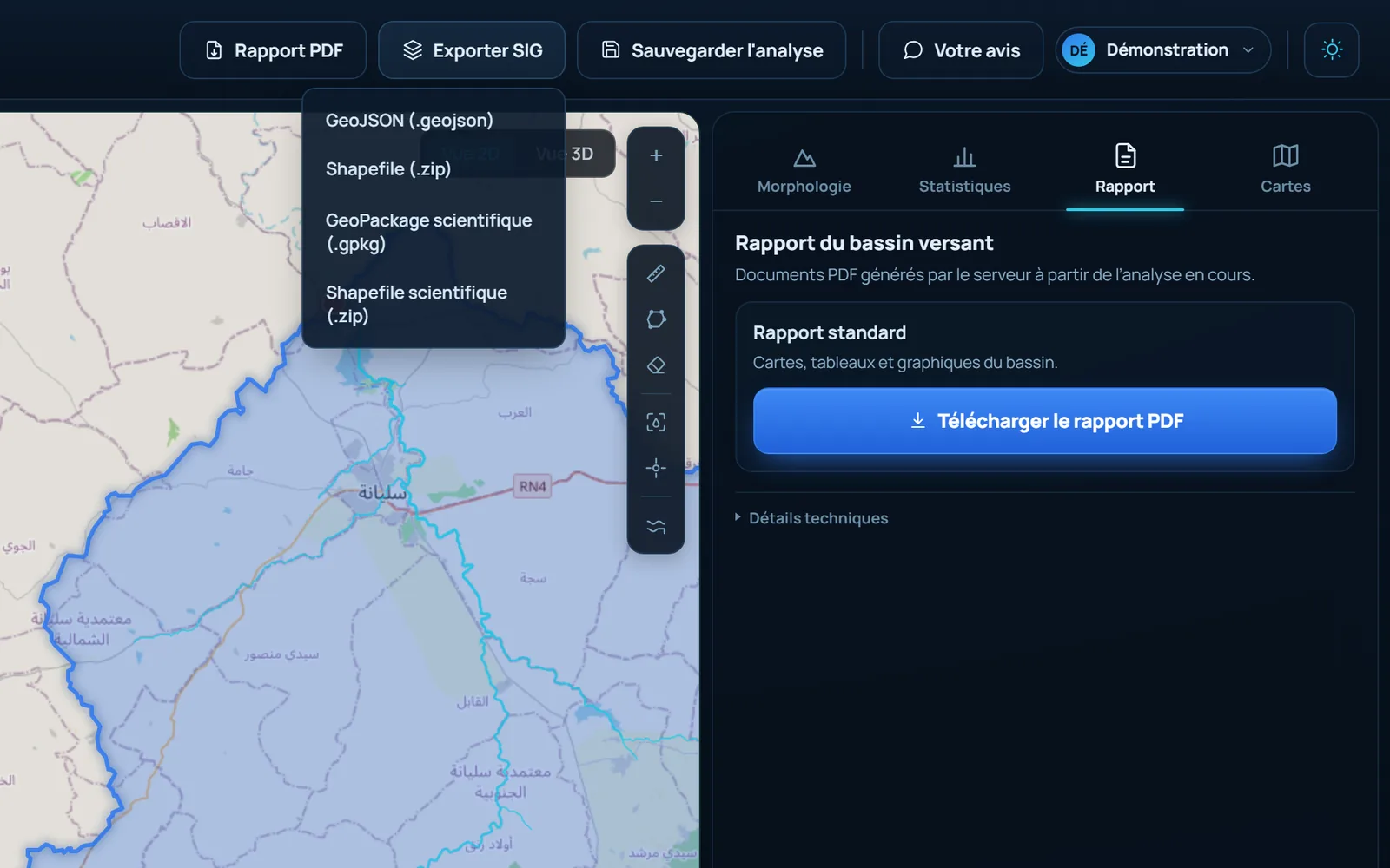 HydroBassin, onglet Rapport et menu Exporter SIG déployé : rapport PDF, GeoJSON, Shapefile, GeoPackage scientifique et Shapefile scientifique.