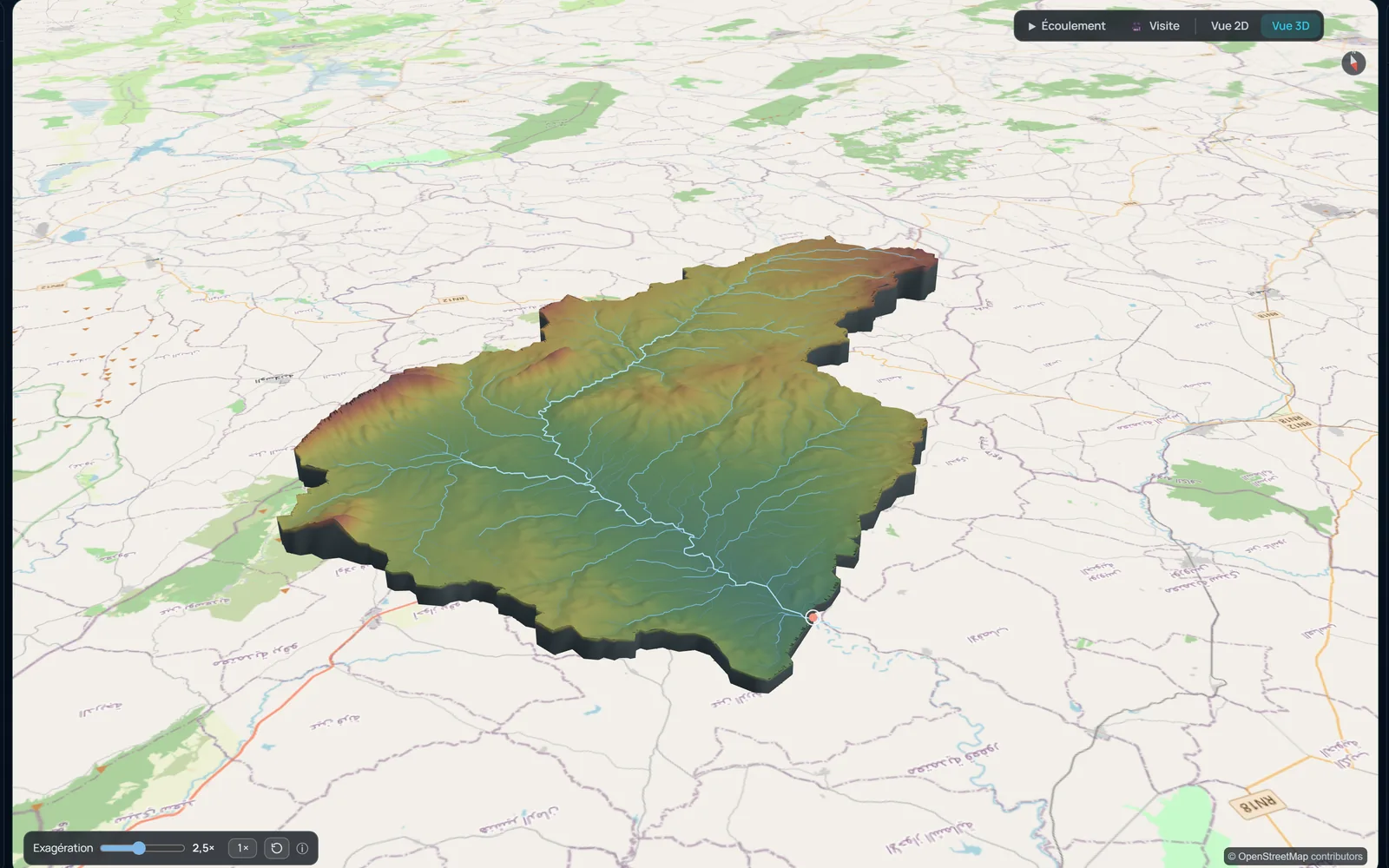 Vue 3D HydroBassin du bassin versant de l'Oued Siliana : relief exagéré 2,5 fois, réseau hydrographique convergeant vers l'exutoire, fond de carte drapé sur le terrain.